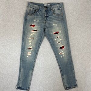 Mossimo Denim Boyfriend Garconne Jeans 8/29 Distressed Plaid Patches Raw Hem